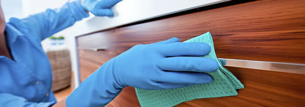 Cleaner wearing blue gloves wiping a wooden cabinet drawer with a microfiber cloth for dust and grime removal, Marietta, GA.